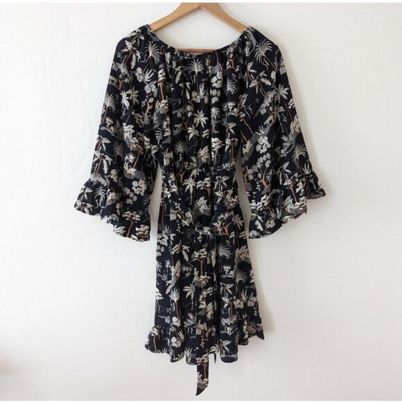 H&M Black Off the Shoulder Ruffle Sleeve Tropical Print Flouncy Dress Size M - Picture 3 of 6